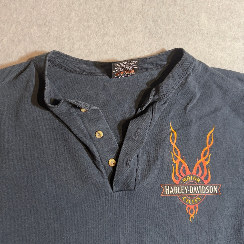 Vintage Harley Davidson Mens Henley Shirt Black XL Red Flame Graphic 90s Faded